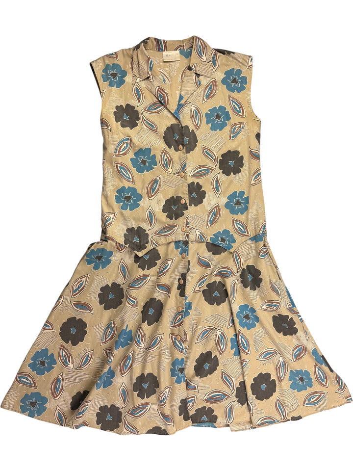 80s Floral Patterned Sleeveless Dress - L - Think Vintage