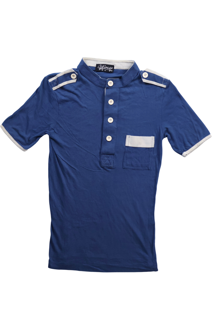 1970s Grandad Collar Navy T-Shirt - S - Think Vintage