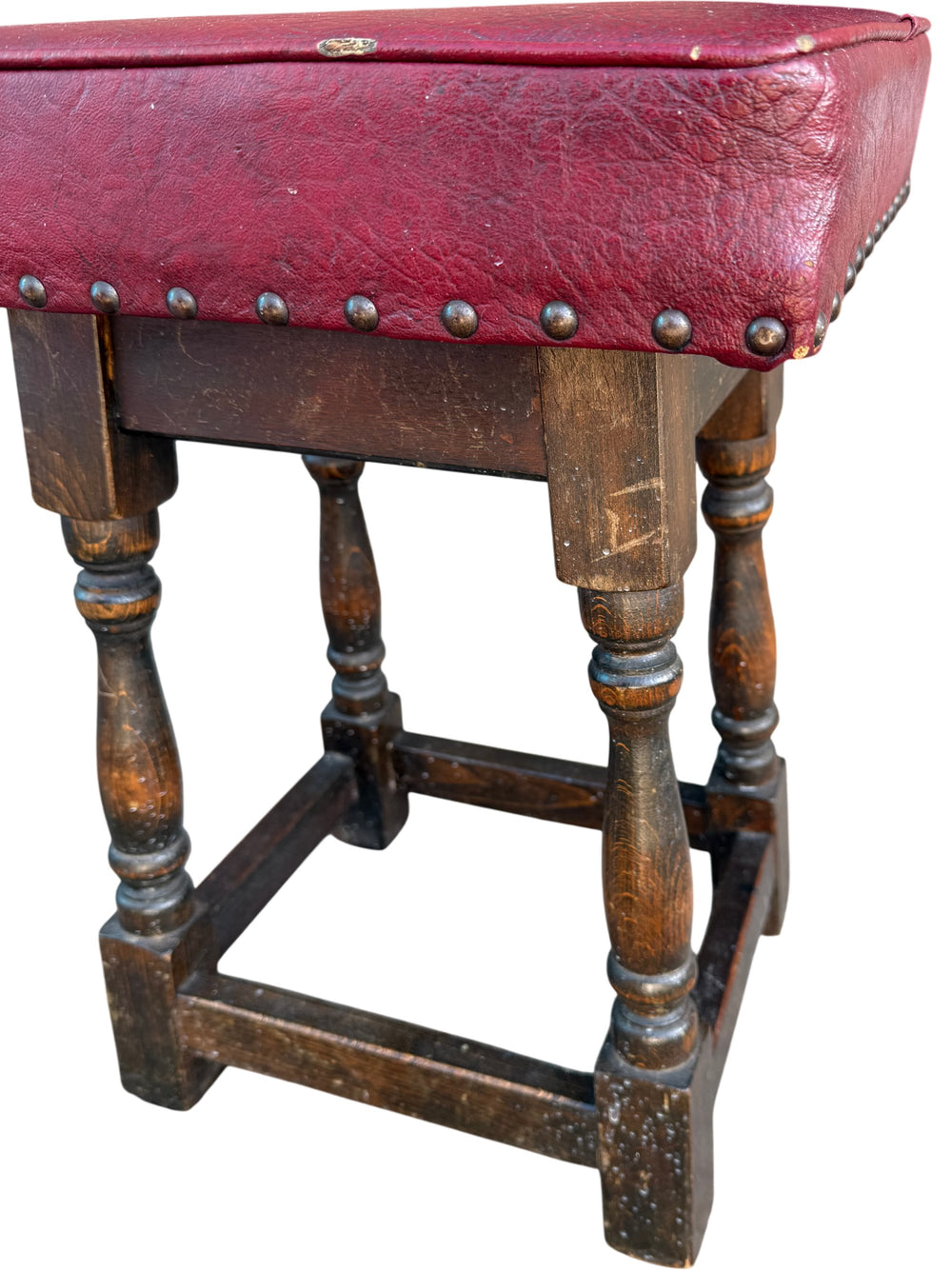 Vintage Wooden Stools with Red Leather - Think Vintage