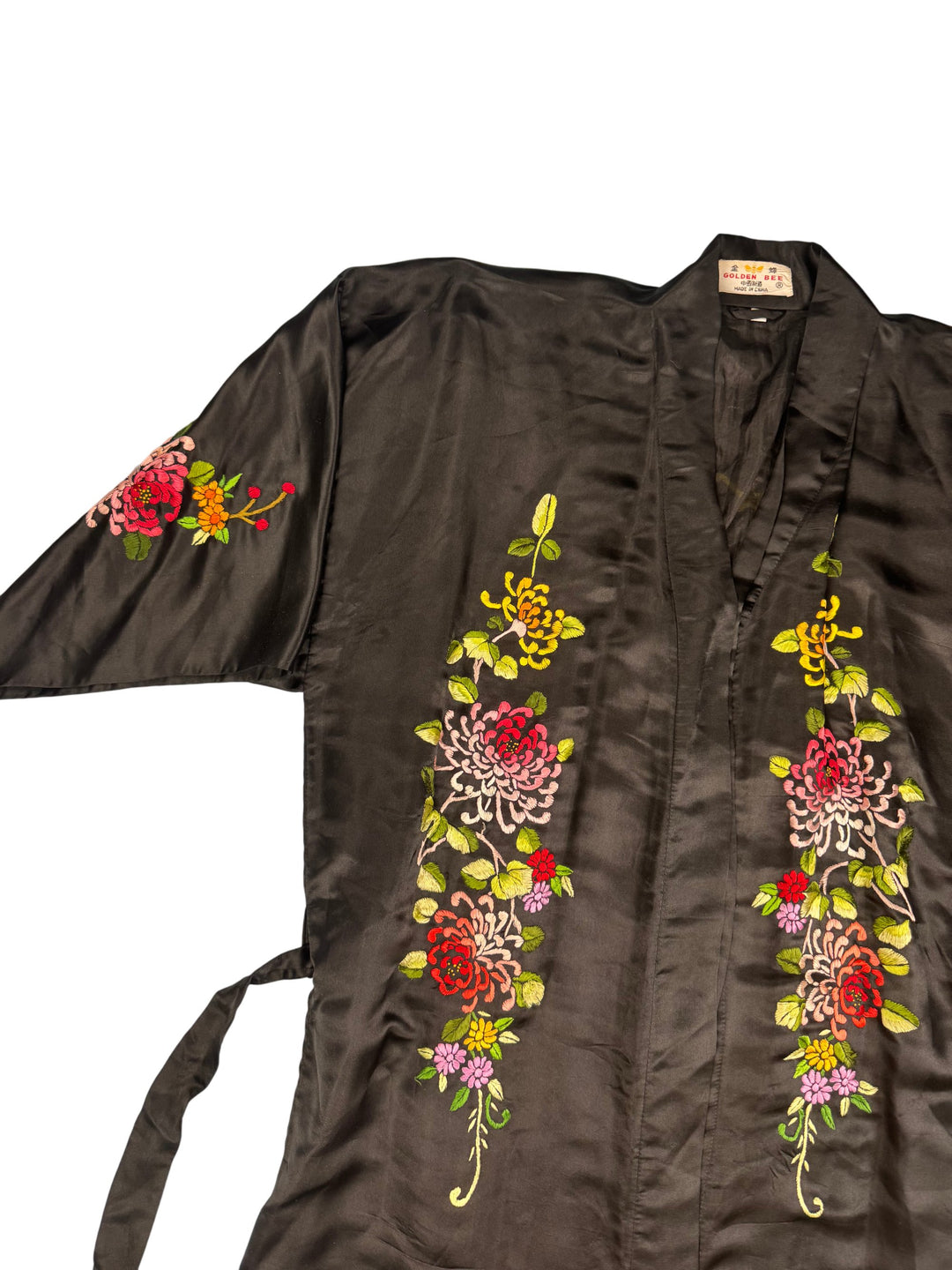 Embroidered Black Kimono with Floral Design - M - Think Vintage
