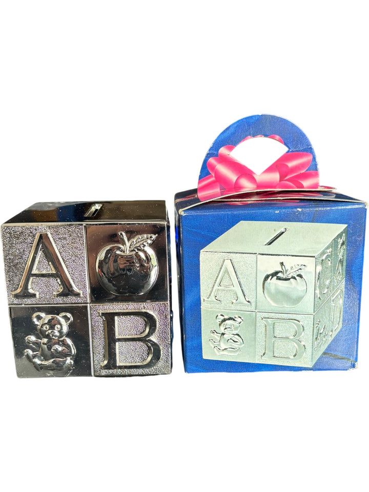 Silver Alphabet Block Moneybox Piggy Bank with Gift Box Baby Shower - Think Vintage