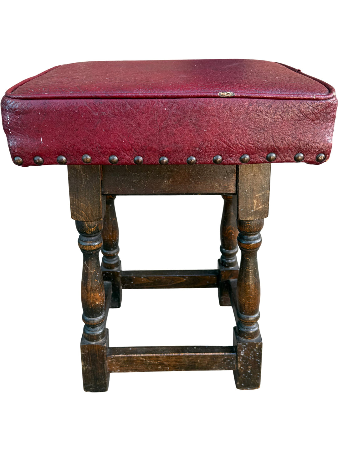 Vintage Wooden Stools with Red Leather - Think Vintage
