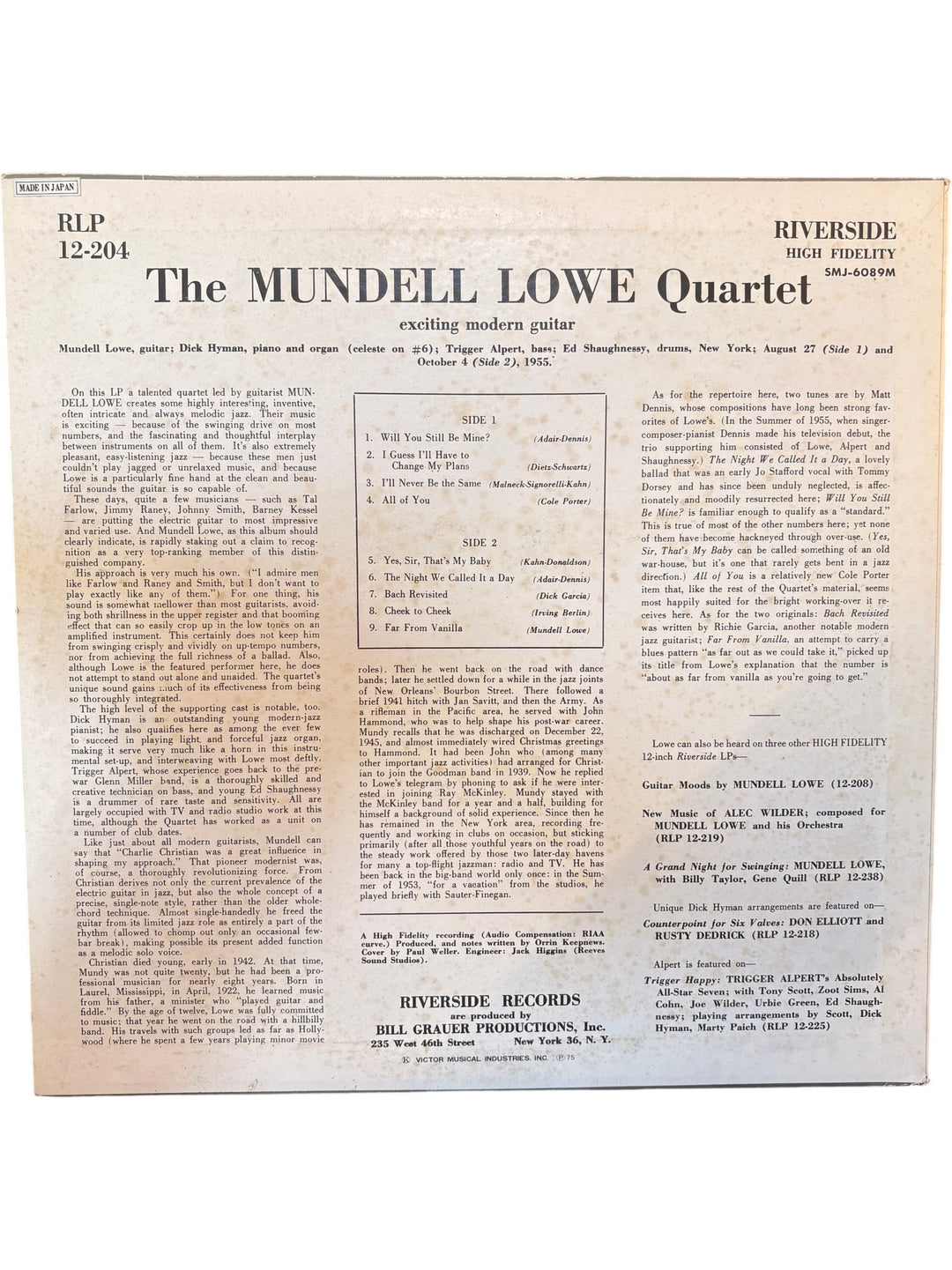 The Mundell Lowe Quartet LP Riverside RLP 12-204 - Fair