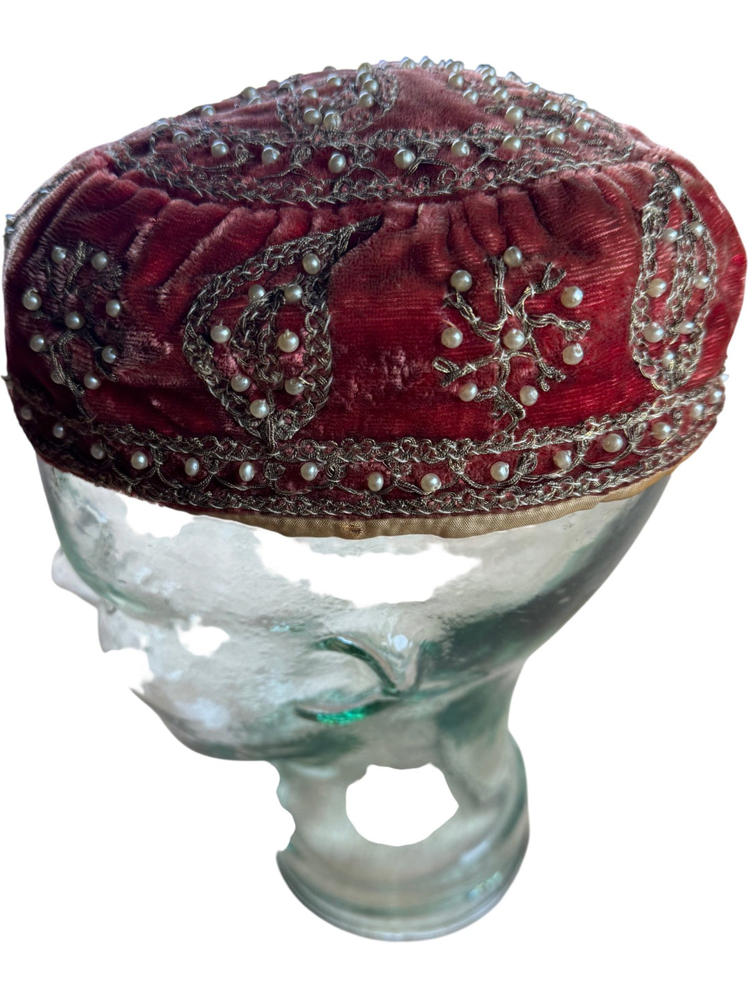 Embroidered Velvet Cap with Pearls
