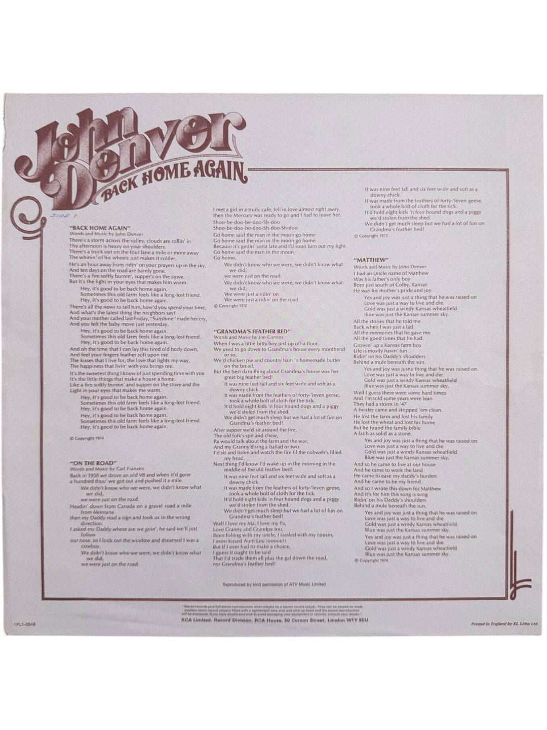 John Denver Back Home Again LP Record