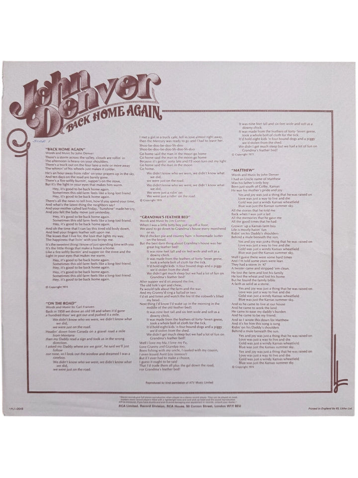John Denver Back Home Again LP Record