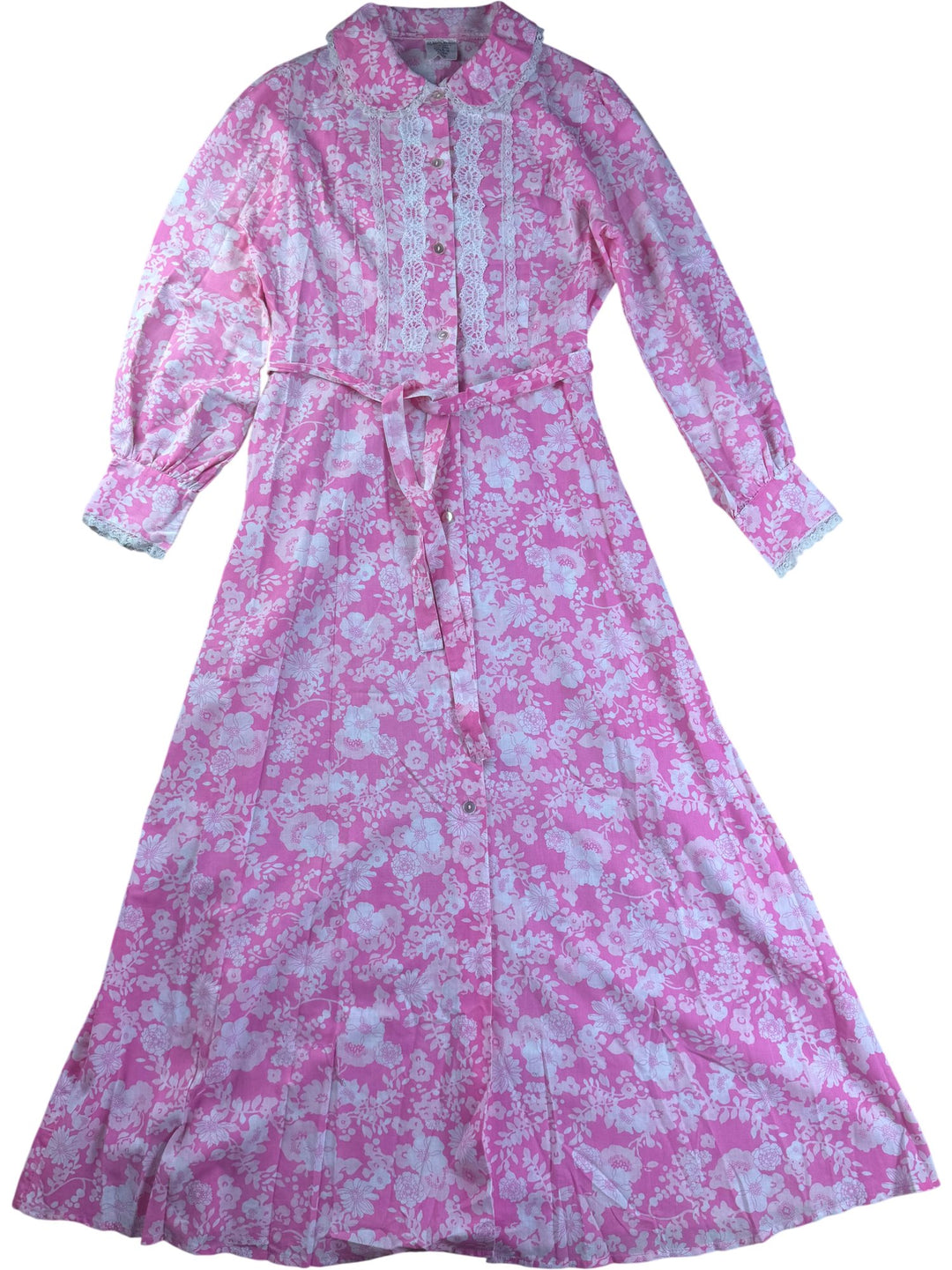 1970s Pink Floral Maxi Dress - M
