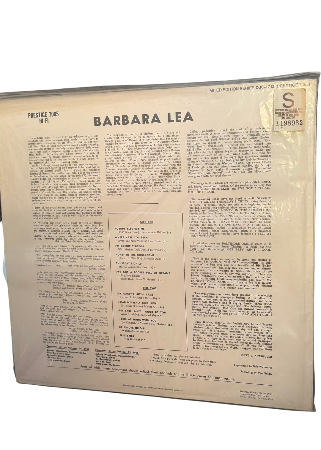 Barbara Lea With The Johnny Windhurst Quintets Limited Edition Record - Good