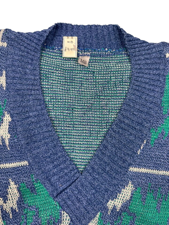 Vintage Blue and Green Patterned V-Neck Sweater - M