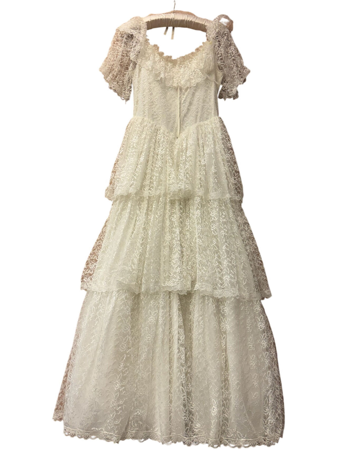 Lace Tiered Gown with Puff Sleeves