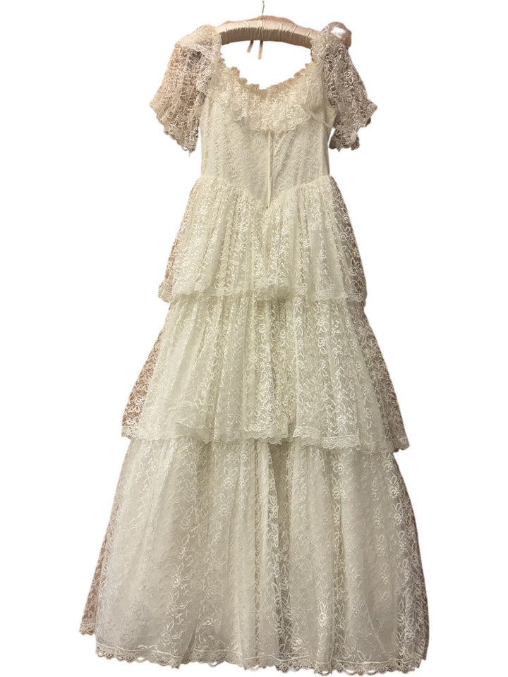 Lace Tiered Gown with Puff Sleeves