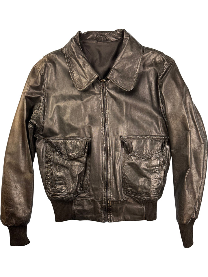 1970s Black Leather Bomber Jacket - S - Think Vintage