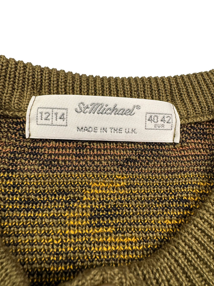70s St Michael Olive Floral Knit Cardigan - M