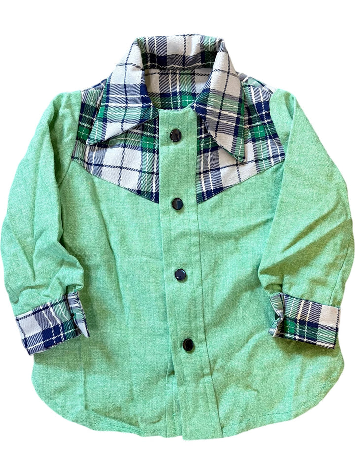 1970s Plaid Patterned Green Long Sleeved Shirt - Age 6/7