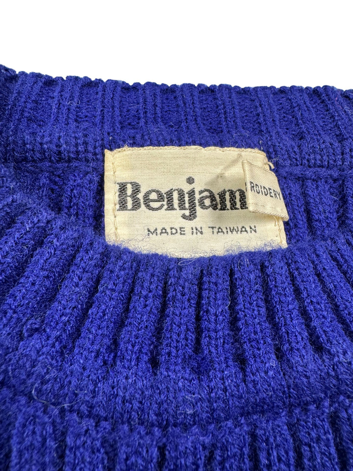 Blue Knitted Sweater with Red Pattern - XS