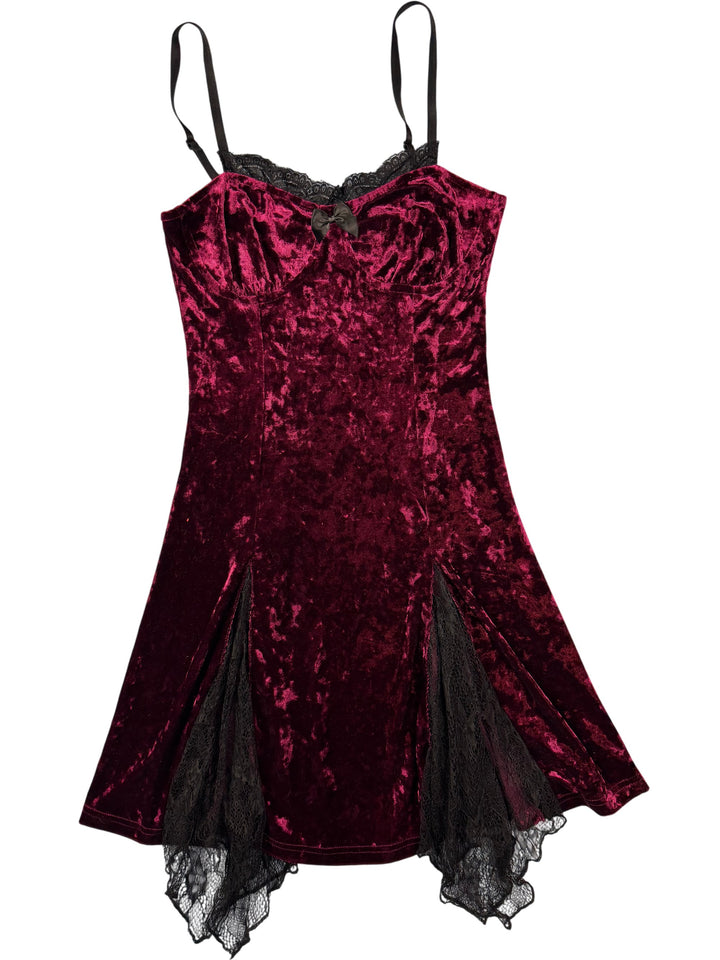 Red Velvet Lace Trim Dress  - M