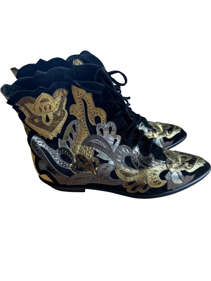 Embellished Black and Gold Lace-Up Boots - 8.5