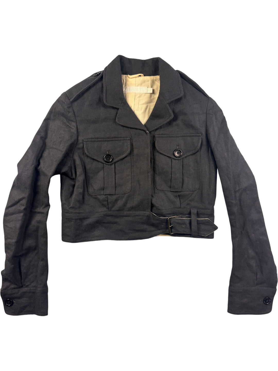 All Saints Black Wool Cropped Jacket - S - Think Vintage Online Ltd