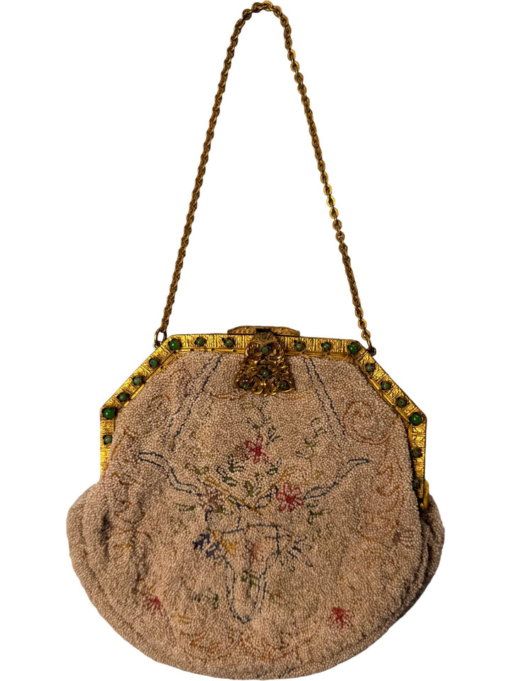 Antique Edwardian Beige Beaded Handbag with Floral Design - Think Vintage