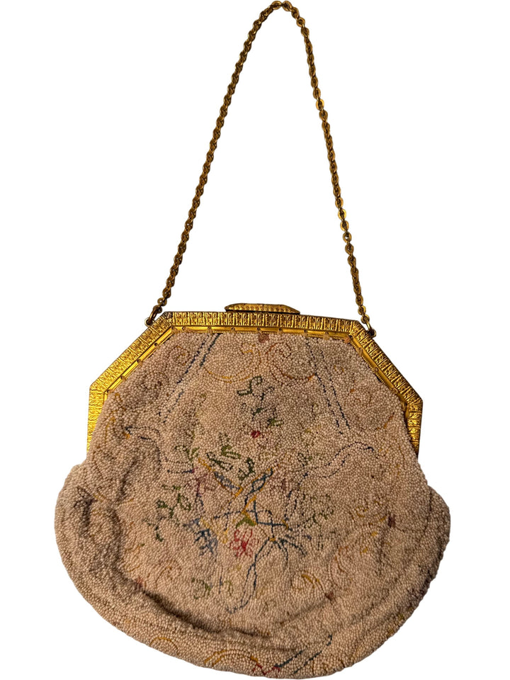 Antique Edwardian Beige Beaded Handbag with Floral Design - Think Vintage