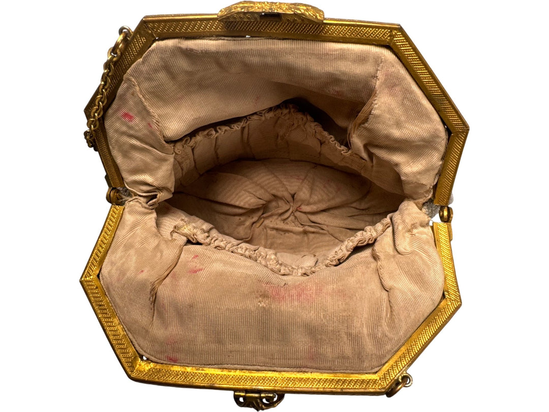 Antique Edwardian Beige Beaded Handbag with Floral Design - Think Vintage