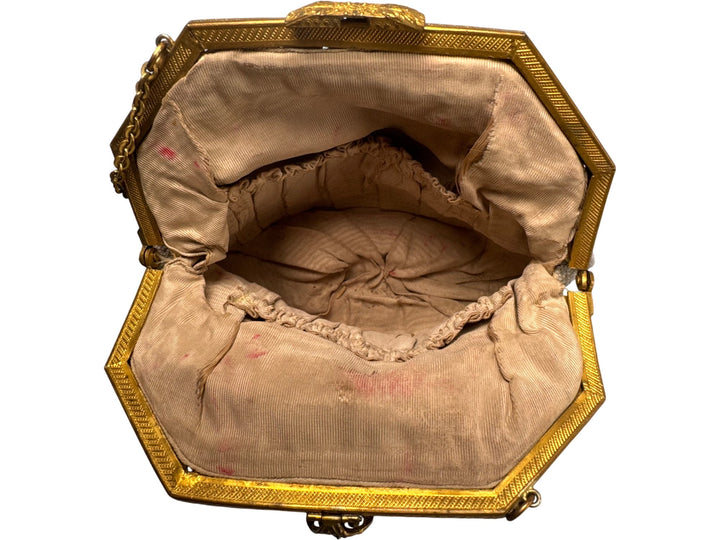 Antique Edwardian Beige Beaded Handbag with Floral Design - Think Vintage