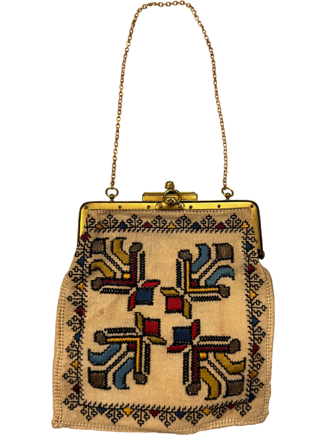Antique Embroidered Clutch Purse with Chain Handle - Think Vintage