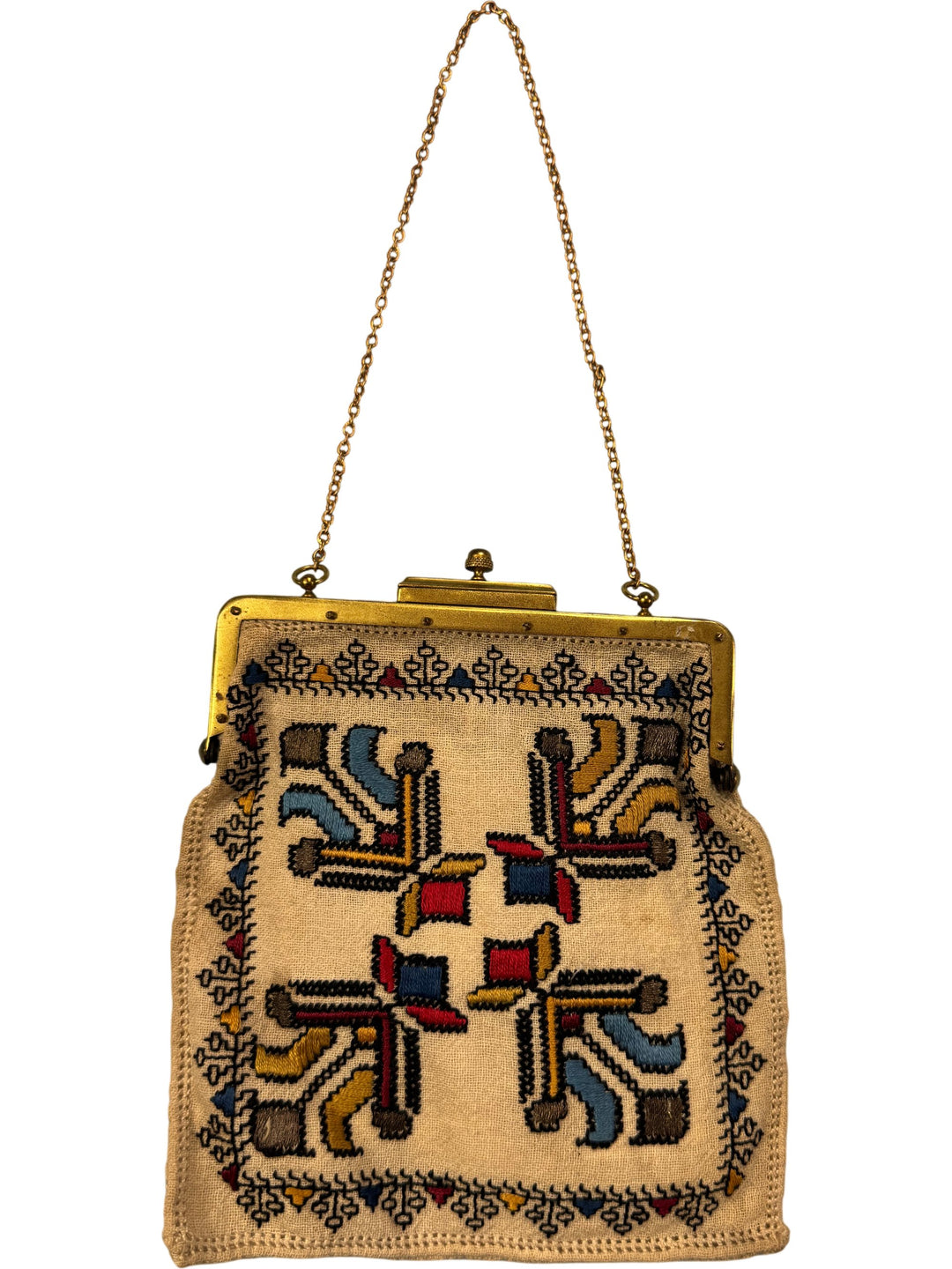 Antique Embroidered Clutch Purse with Chain Handle - Think Vintage