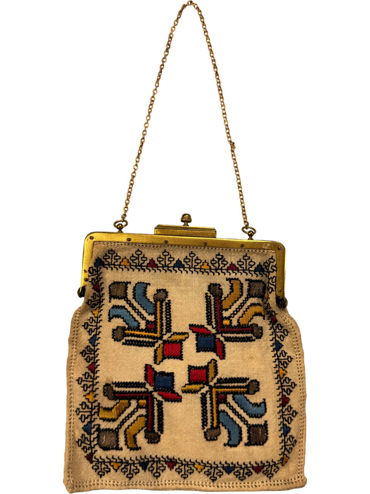 Antique Embroidered Clutch Purse with Chain Handle - Think Vintage