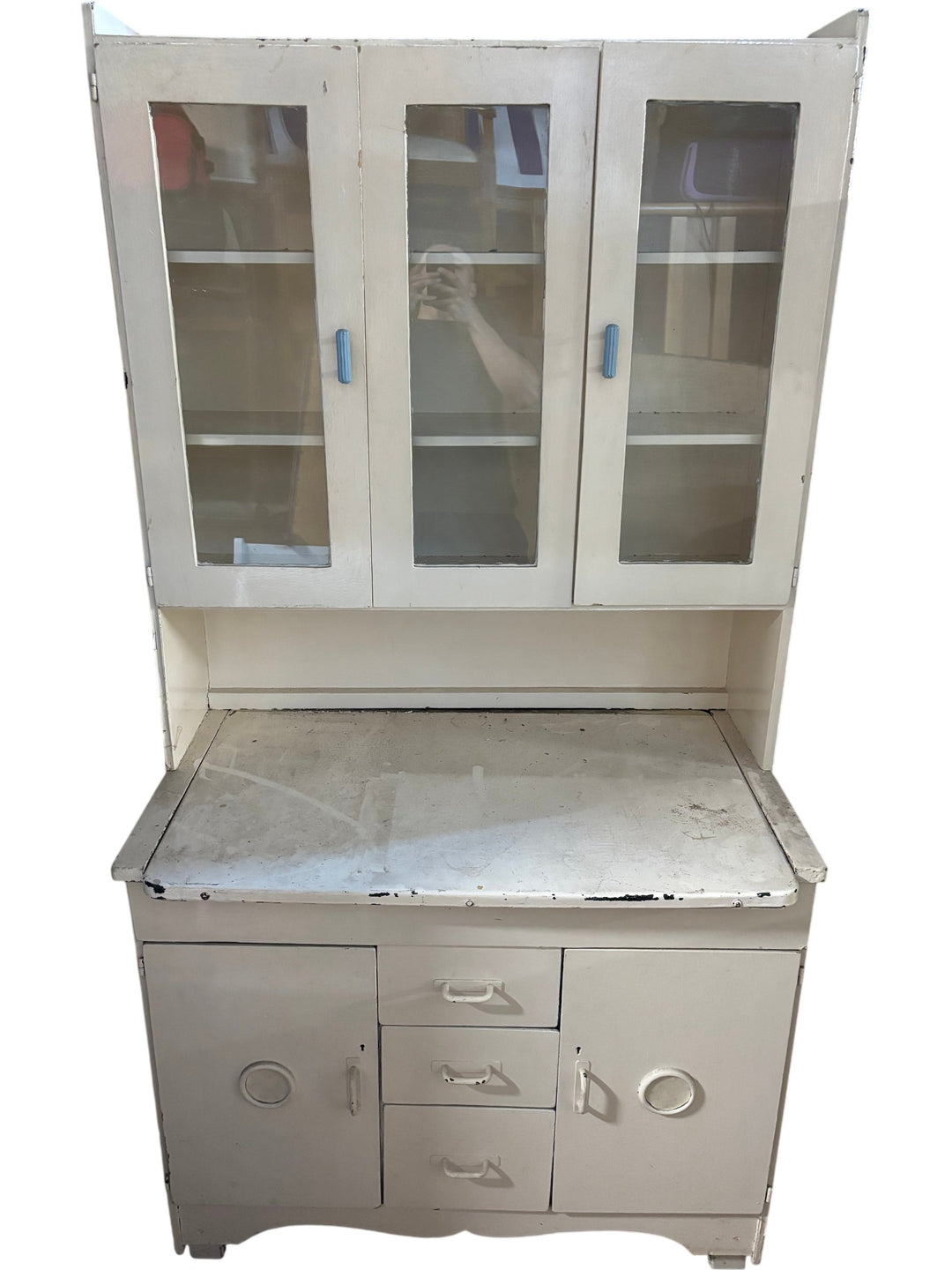 Antique White Kitchen Hutch With Glass Doors - Think Vintage