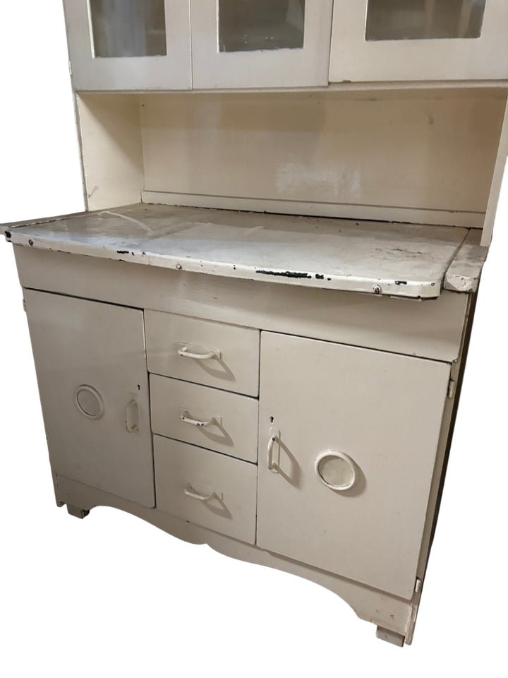 Antique White Kitchen Hutch With Glass Doors - Think Vintage
