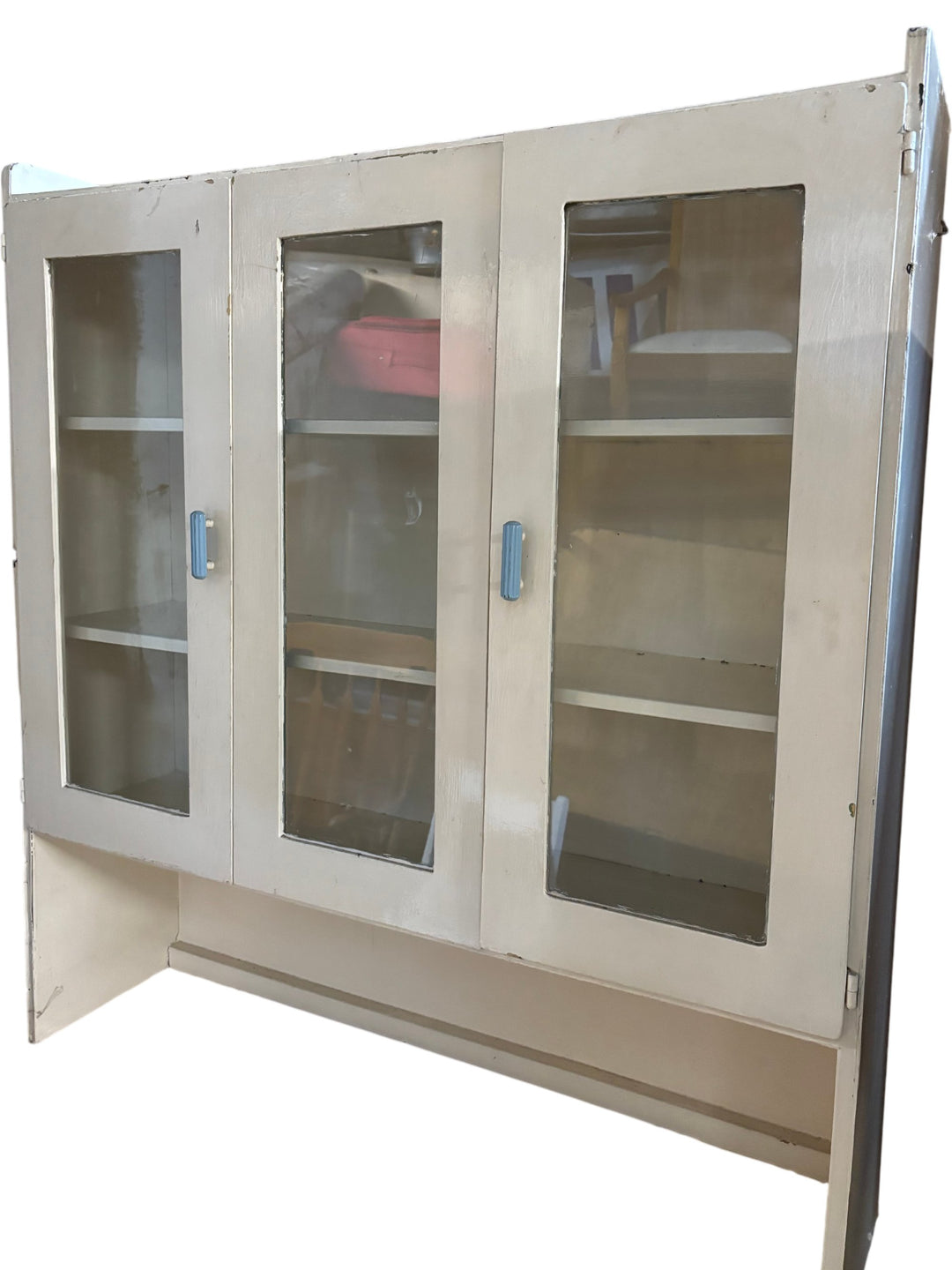 Antique White Kitchen Hutch With Glass Doors - Think Vintage