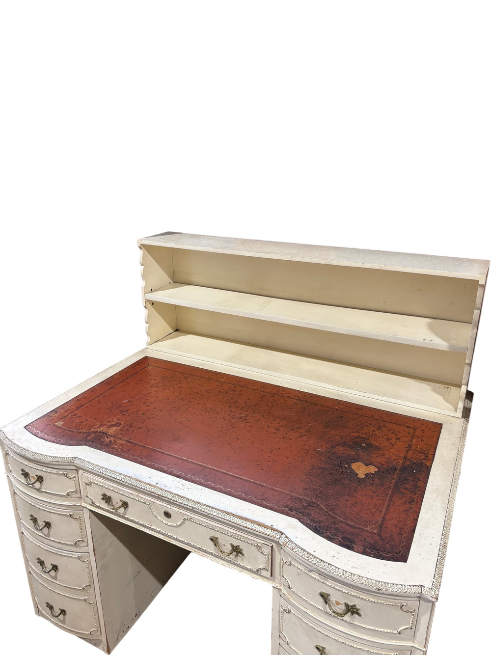 Antique Writing Desk With Drawers And Leather Inlay - Think Vintage
