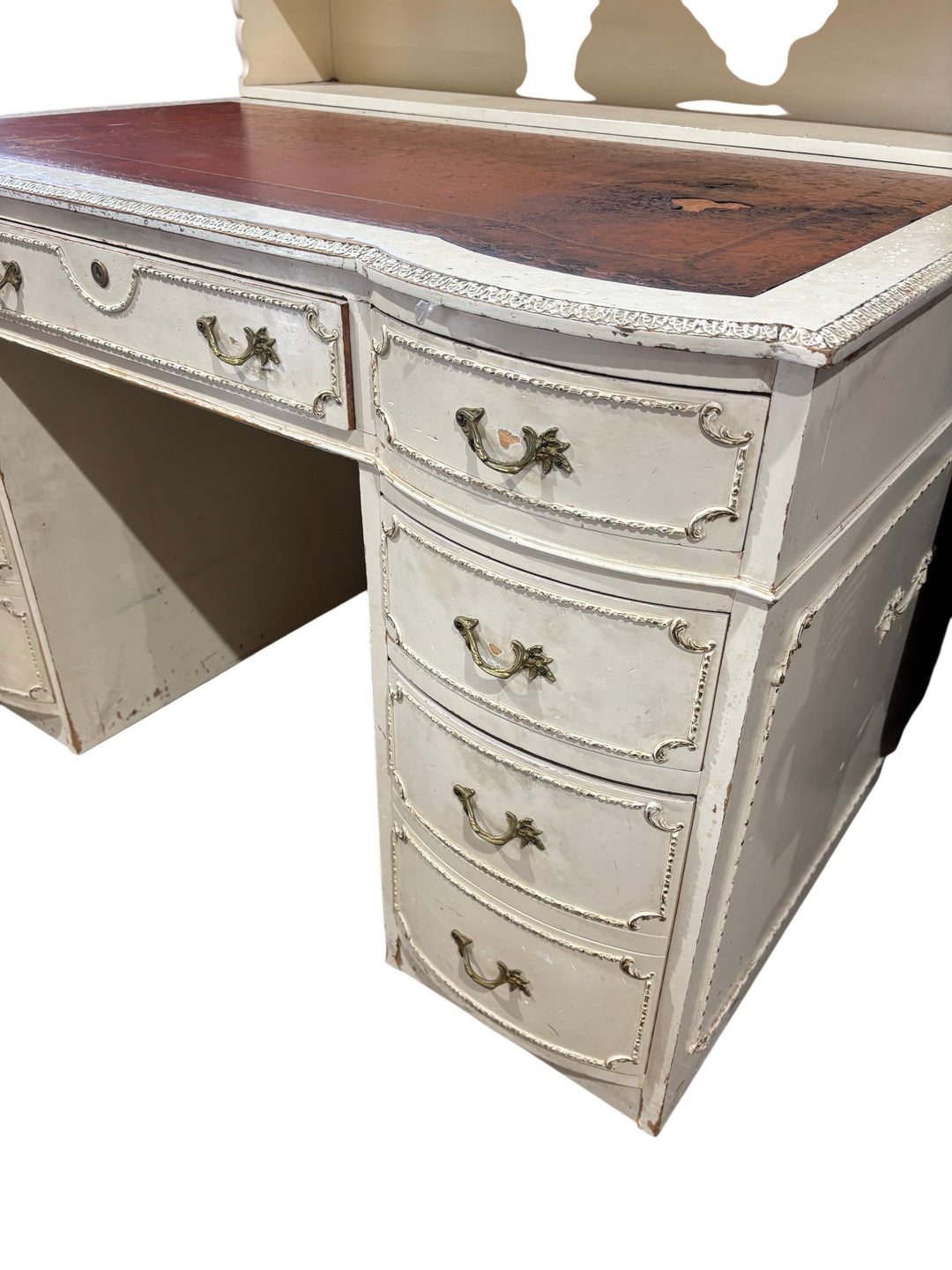 Antique Writing Desk With Drawers And Leather Inlay - Think Vintage