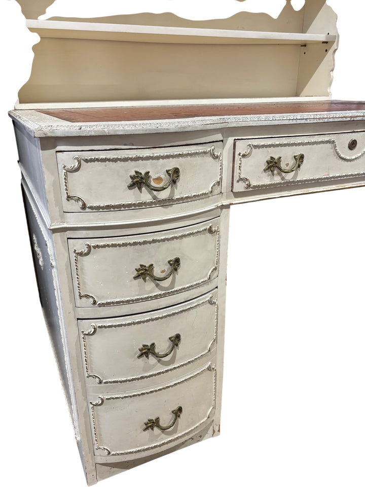 Antique Writing Desk With Drawers And Leather Inlay - Think Vintage