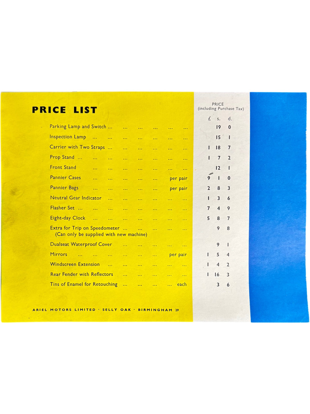 Ariel Leader Motorcycle Optional Extras Sales Brochure 1950s Classic Collectible - Think Vintage Online Ltd