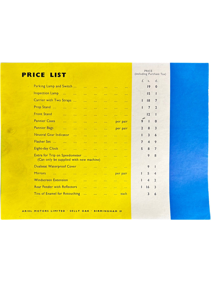 Ariel Leader Motorcycle Optional Extras Sales Brochure 1950s Classic Collectible - Think Vintage Online Ltd