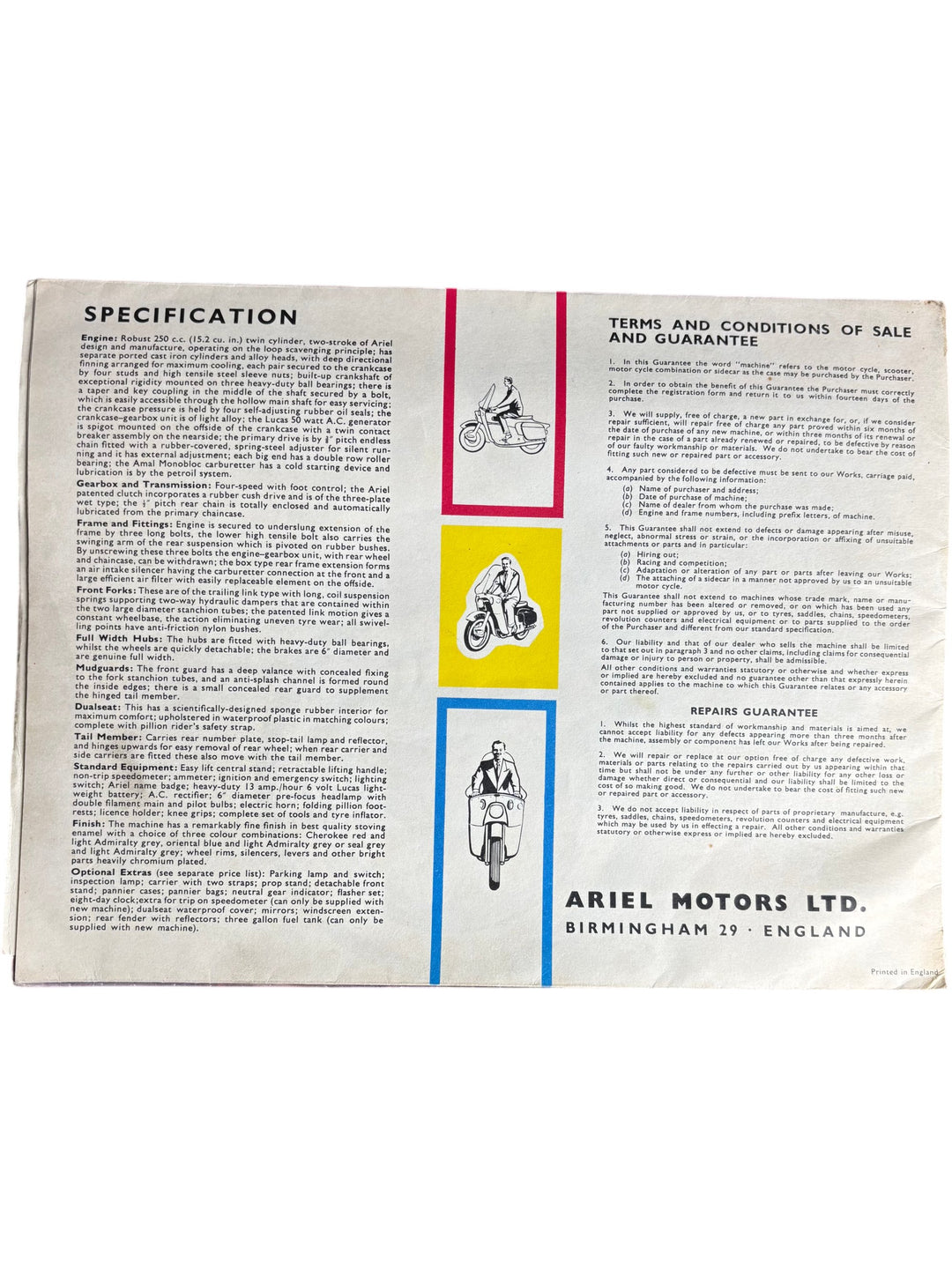 Ariel Leader Motorcycle Sales Brochure Vintage Classic Collectible - Think Vintage ltd