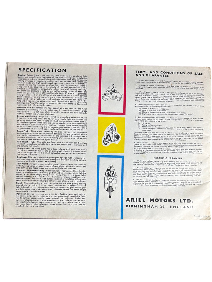 Ariel Leader Motorcycle Sales Brochure Vintage Classic Collectible - Think Vintage ltd