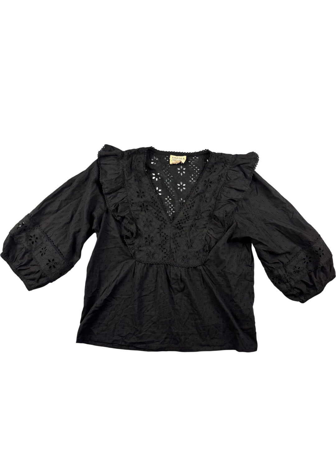 Aspiga Black Embroidered Cotton Blouse - L - Think Vintage
