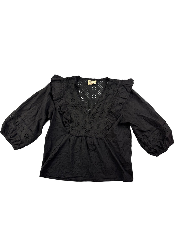 Aspiga Black Embroidered Cotton Blouse - L - Think Vintage