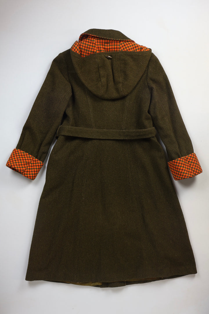 1970s Green Wool Duffle Coat with Orange Chequered Lining