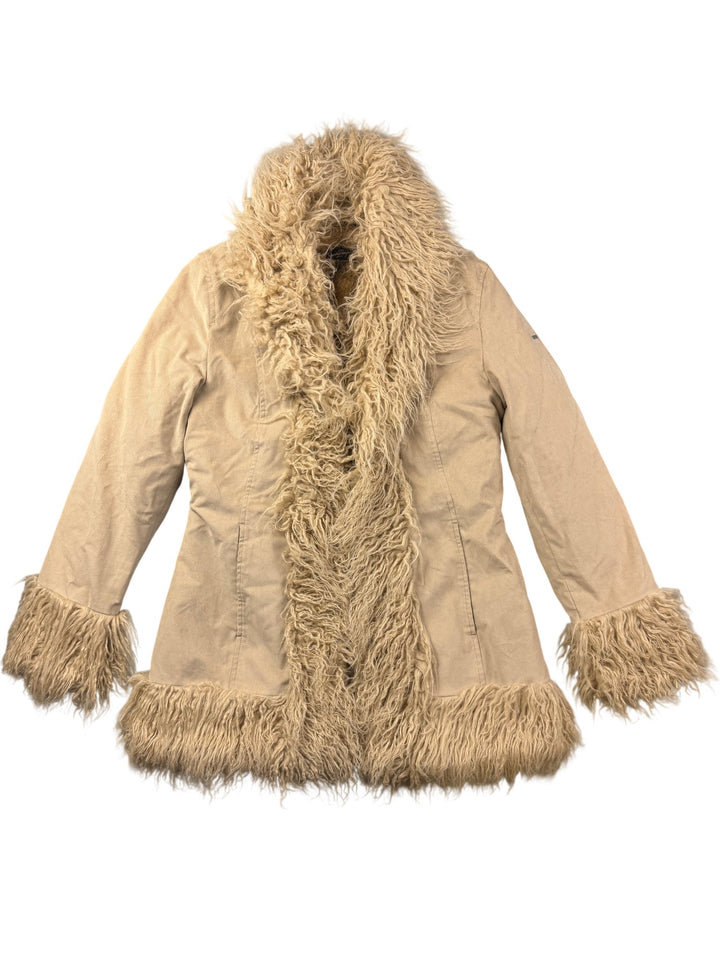 Beige Faux Fur Trim Jacket - M - Think Vintage ltd
