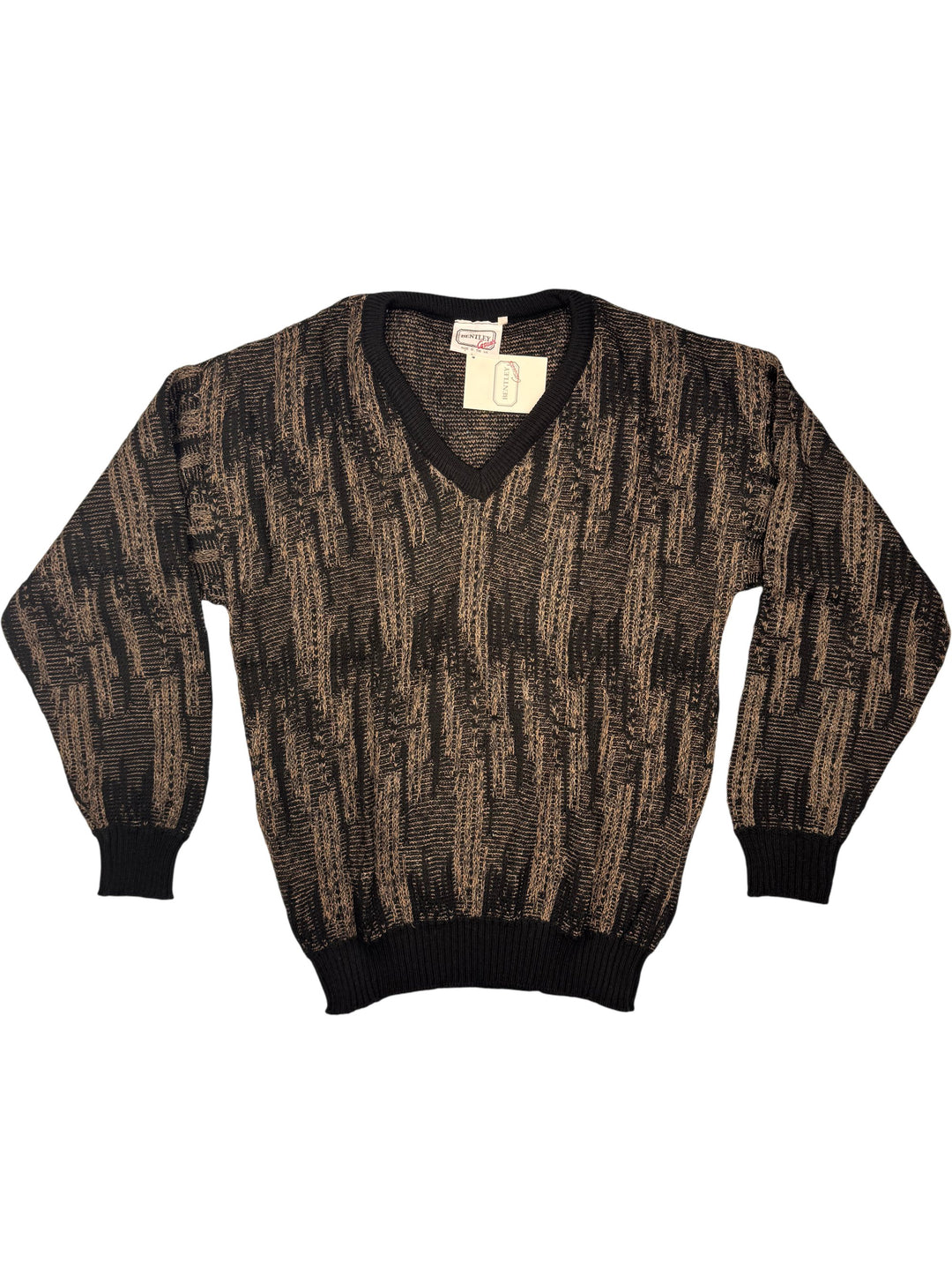Bentley Casuals Black Patterned V-Neck Sweater - L - Think Vintage Online Ltd