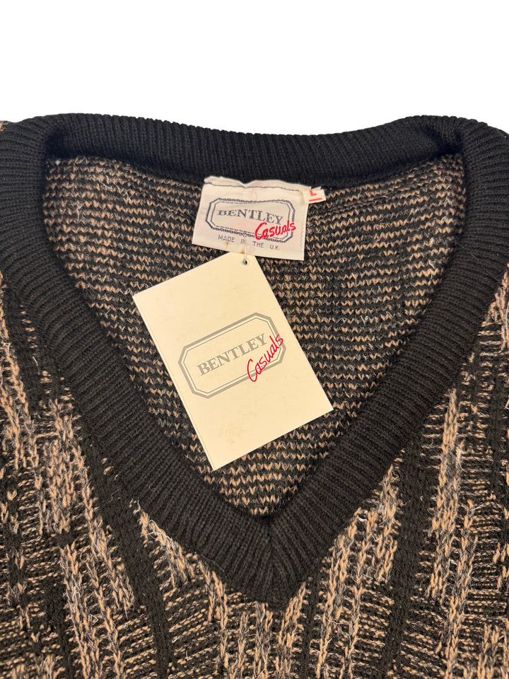Bentley Casuals Black Patterned V-Neck Sweater - L - Think Vintage Online Ltd