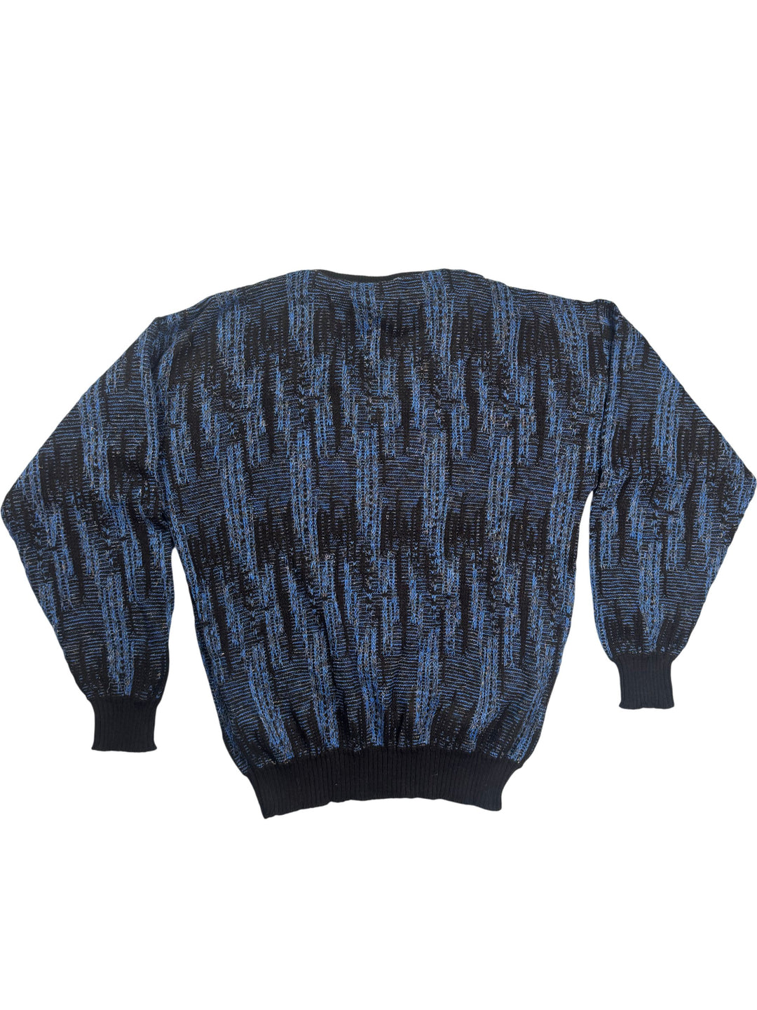 Bentley Casuals Blue Black Patterned V-Neck Jumper - XL - Think Vintage