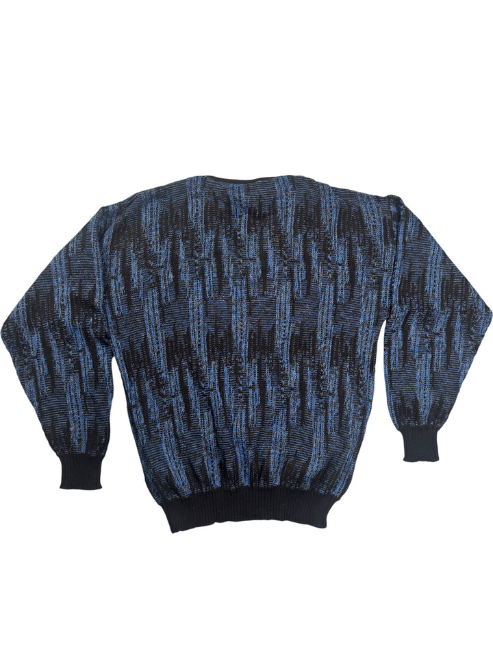 Bentley Casuals Blue Black Patterned V-Neck Jumper - XL - Think Vintage Online Ltd
