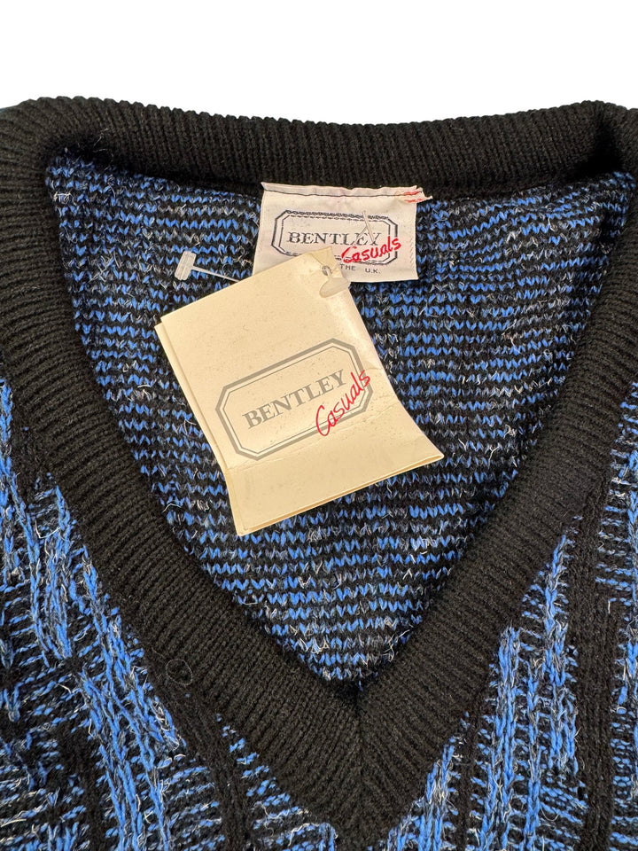 Bentley Casuals Blue Black Patterned V-Neck Jumper - XL - Think Vintage Online Ltd