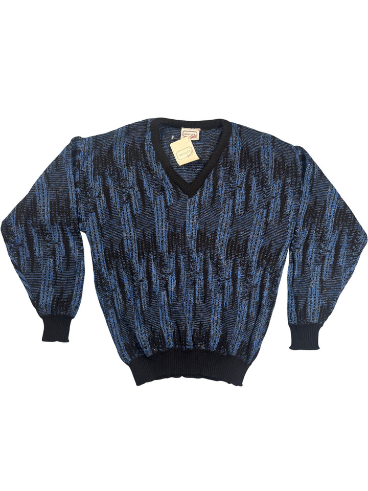 Bentley Casuals Blue Black Patterned V-Neck Jumper - XL - Think Vintage ltd