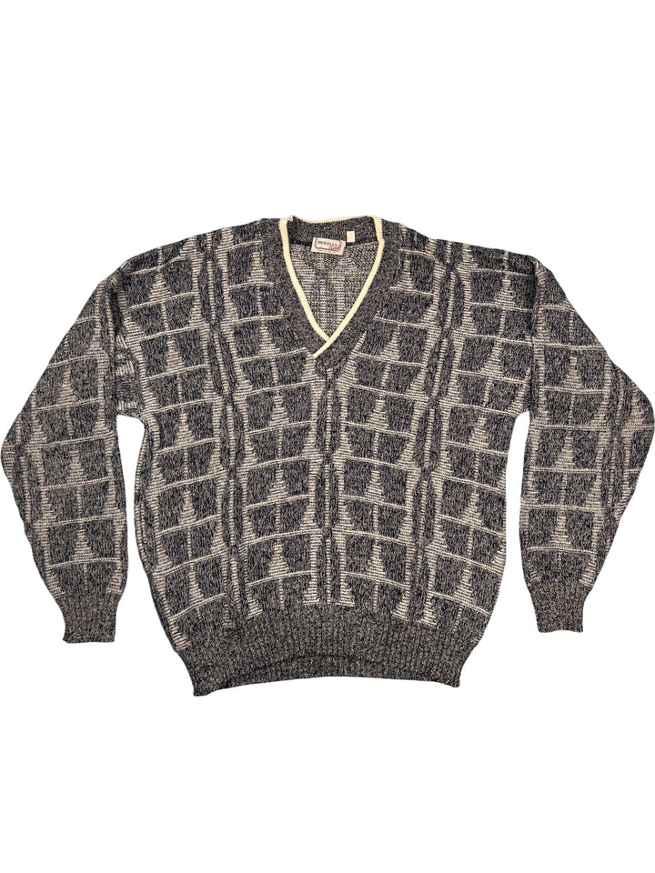 Bentley Casuals Grey Patterned V-Neck Sweater - L - Think Vintage Online Ltd